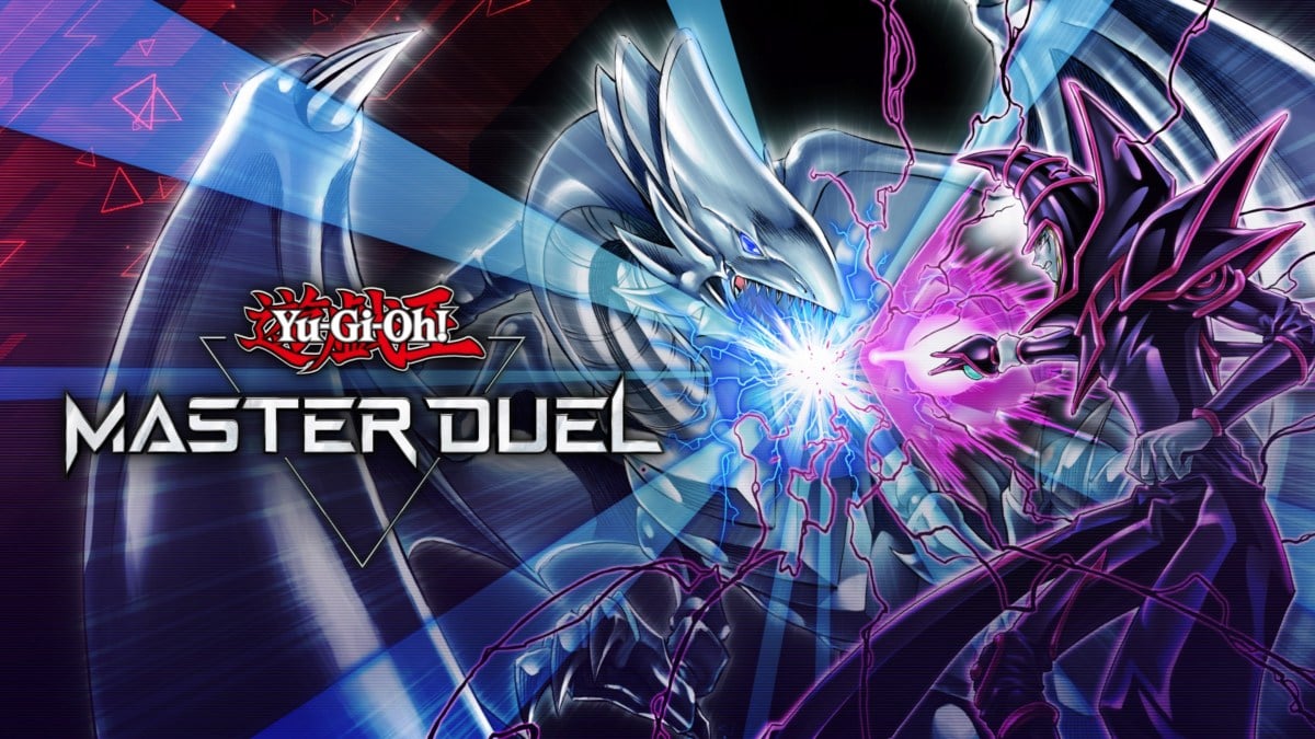Dark Magician and Blue-Eyes White Dragon facing off in the Master Duel loading screen.