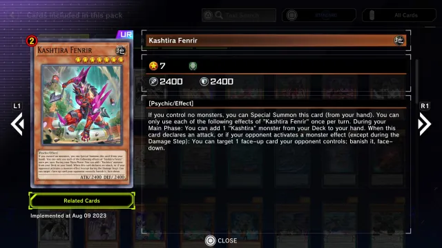 Master Duel's in-game look at the Kashtira Fenrir card.