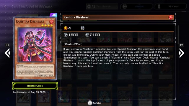 Master Duel's in-game look at the Kashtira Riseheart card.