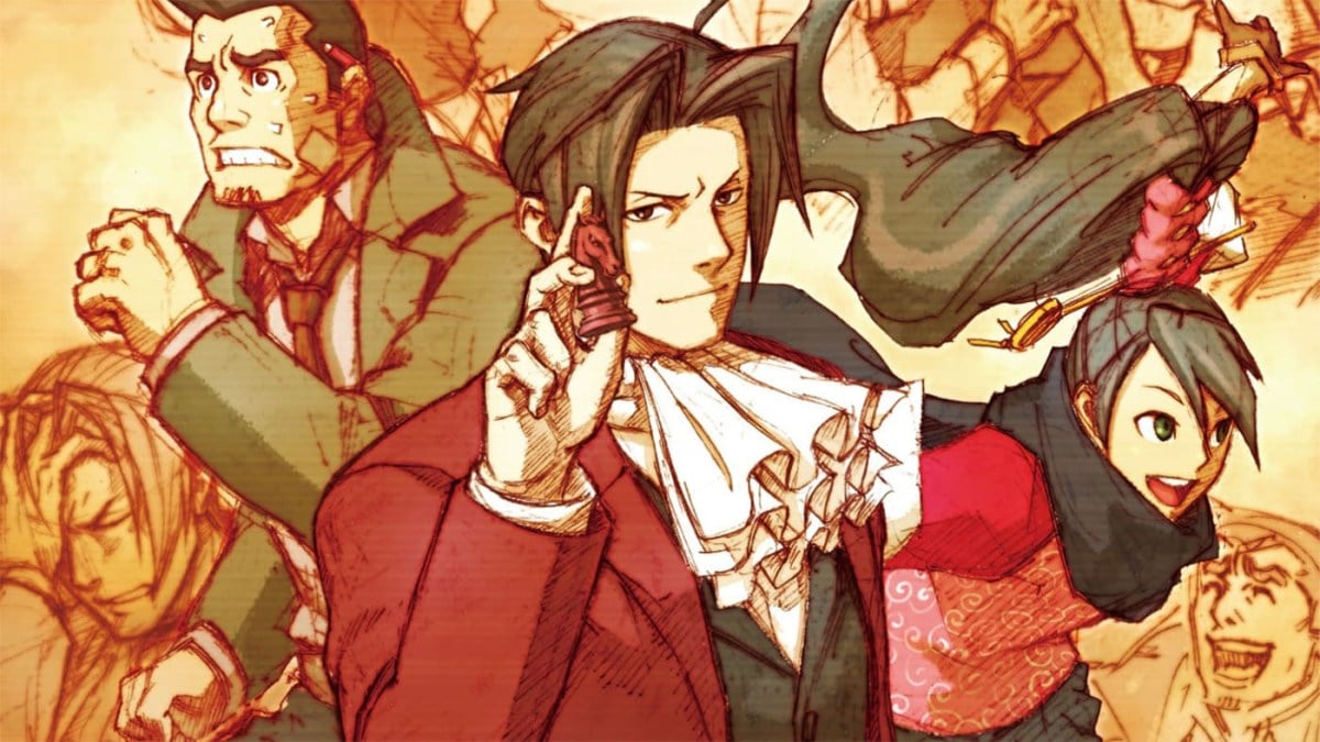 Concept are for Ace Attorney Investigations: Miles Edgeworth featuring the antihero sketched with a chess piece in his hand and other characers drawn besides him in a manga escue art style.