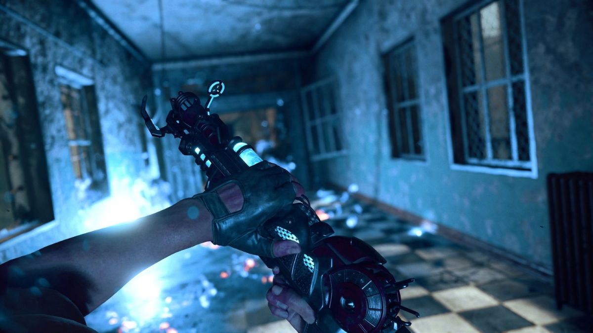 Image showcasing the Ray Gun from Call of Duty. A long black and white tiled corridor is also in the view of the player character.