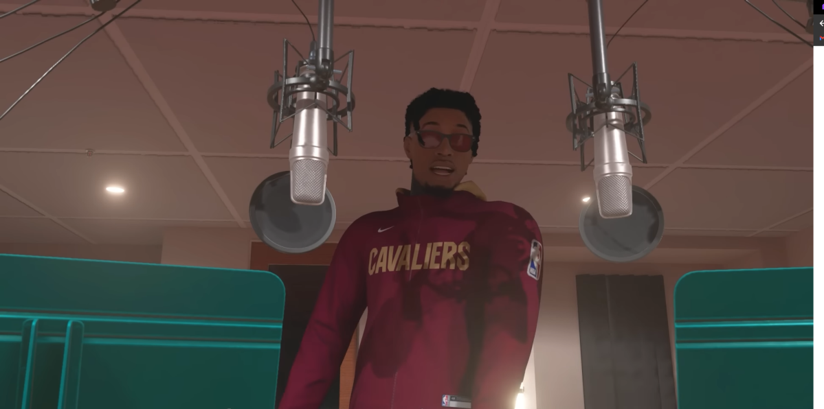 Screenshot of a NBA 2K23 MyCareer character in the rap booth.