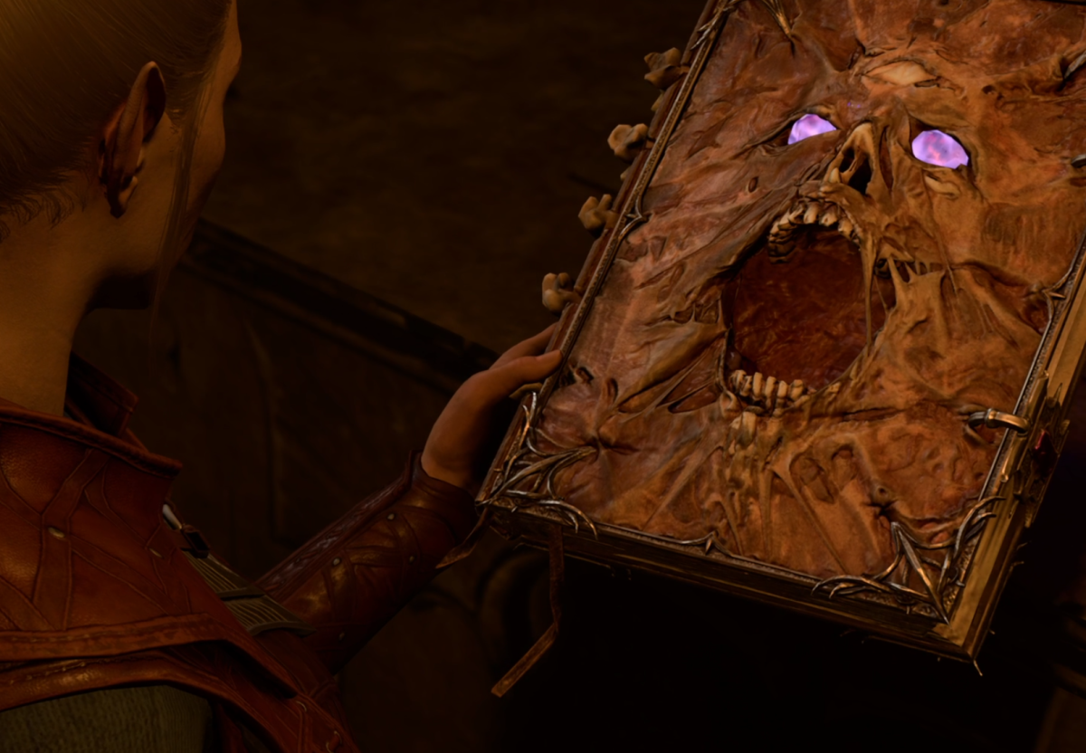 A book in Baldur's Gate 3 with glowing purple eyes and a cavernous mouth, as if a skeleton was trying to push through the book's cover,