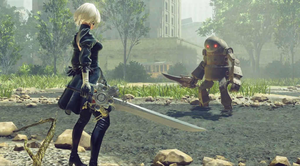 2B wielding a sword and about to fight a robotic enemy