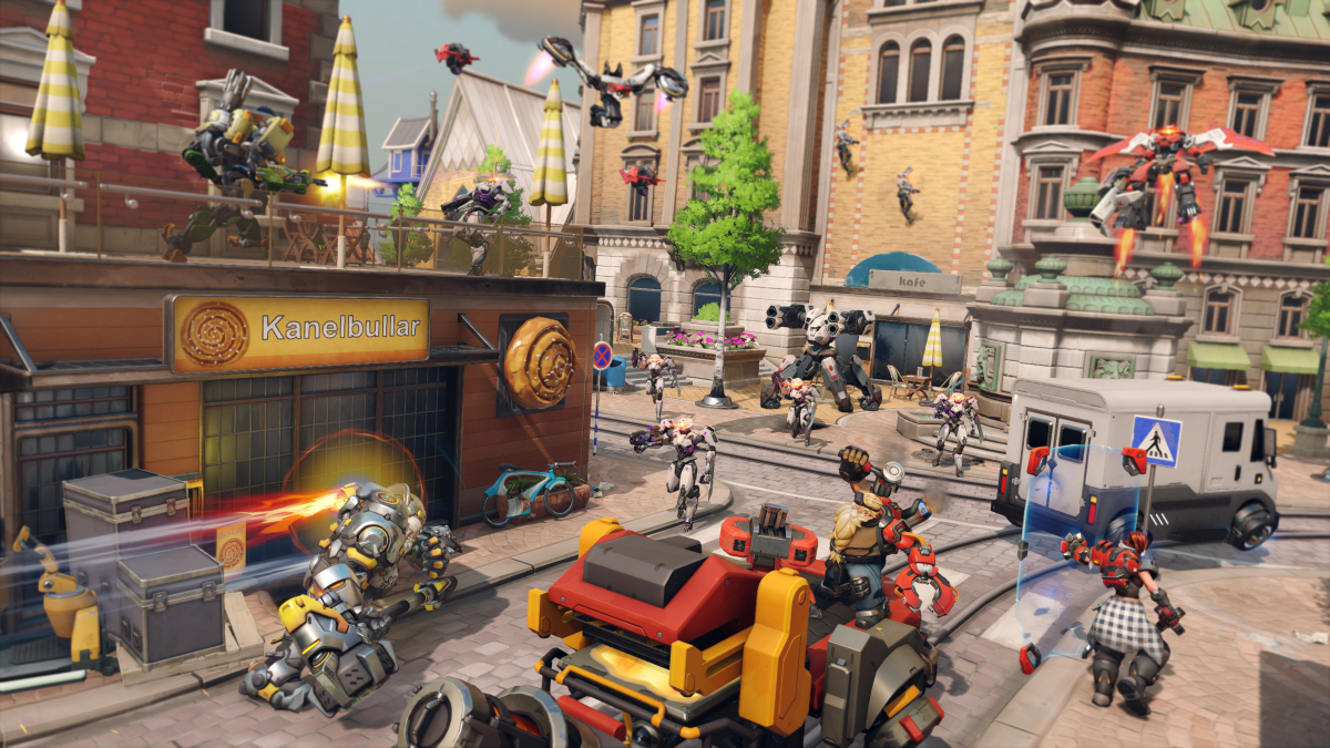 Overwatch heroes protecting Gothenburg in a PvE Story Mission.