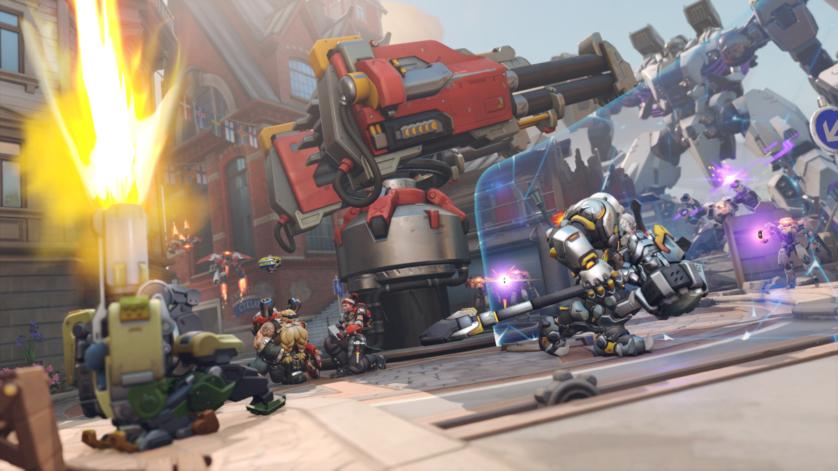 Torbjorn, Brigitte, Reinhardt, and Bastion protect Gothenburg from a Null Sector attack.