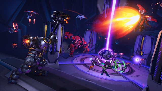 Reinhardt, Tracer, Echo, and Lucio attempt to destroy a Null Sector ship in the Rio Story Mission.