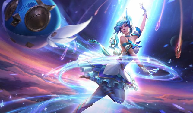 Star Guardian Orianna dressed in a blue dress dancing with her ball.
