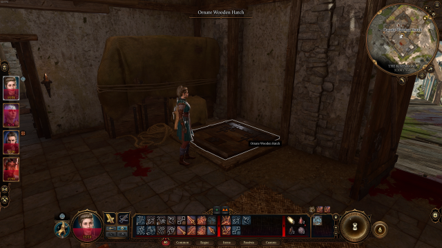 The player character in Baldur's Gate 3 stands in front of a wooden hatch on the ground.