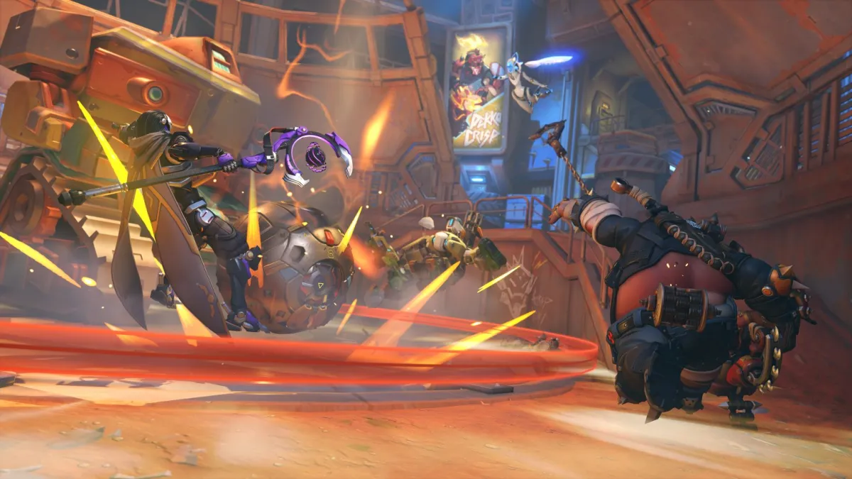 Overwatch teams fight to capture a point on the Flashpoint map New Junk City