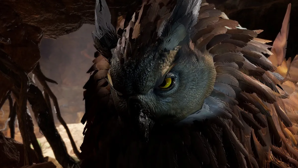 An image of an Owlbear in a cave in Baldur's Gate 3.