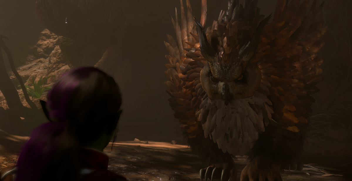 A screenshot of a cutscene in Baldur's Gate 3, in which a menacing Owlbear approaches a nervous player.