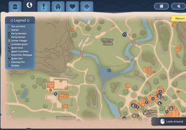 Minimap screenshot of a river in between Kilima Village, Leafhopper, and Mirror Fields for fishing in Palia