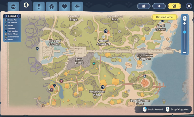 Screenshot of a minimap with focus on Pavel Mines area for cutting down Heartwood trees in Palia.