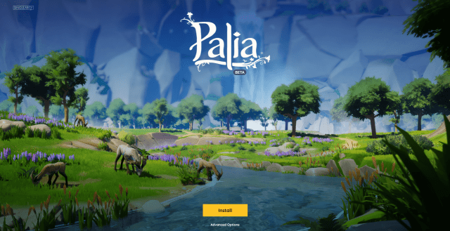 Screenshot of the installer app for Palia. It features an Install button and advanced options, in which you can choose the path to install the game.