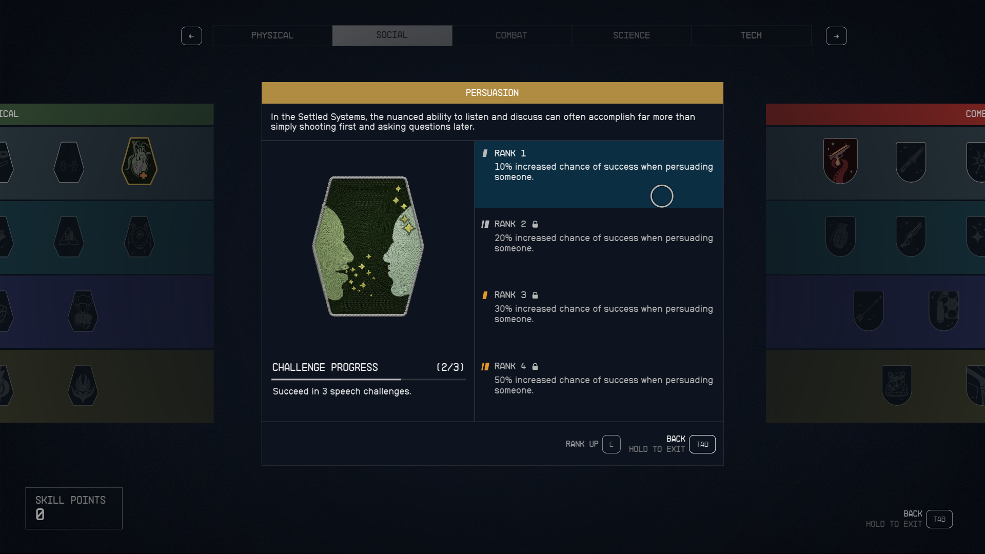 Image of the Persuasion skill in Starfield, featuring an emblem of two people talking to each other.