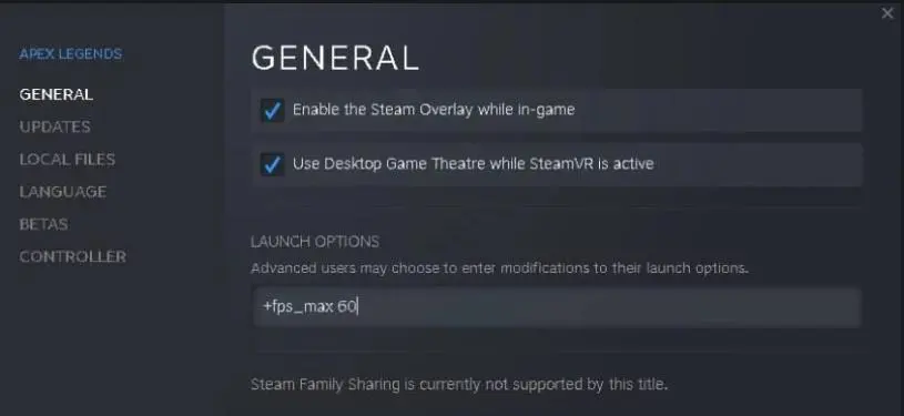 Photo of Apex Legends options in Steam 