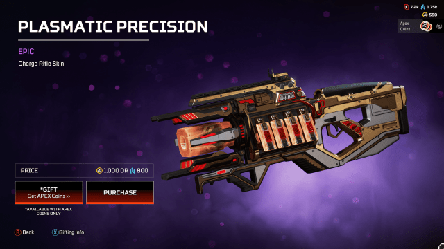 The Plasmatic Precision Charge Rifle skin, with a black barrel, gold accents, and a glowing red muzzle.