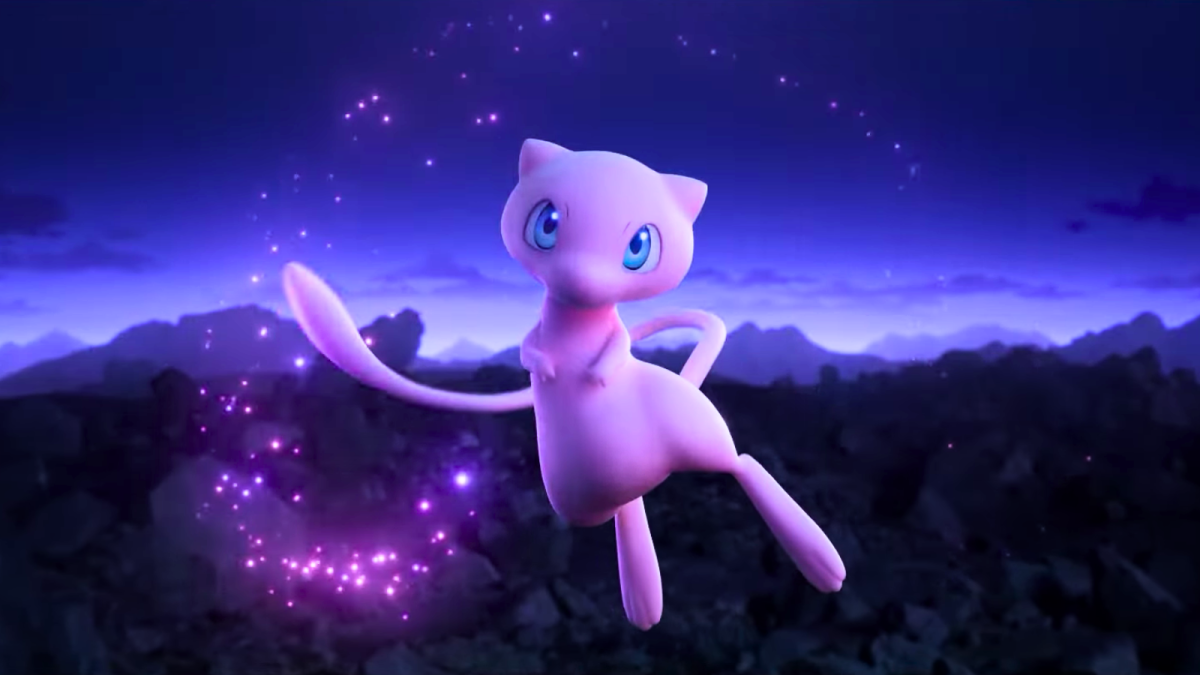 Mew floating in the night sky in an ad for Pokémon Scarlet and Violet.