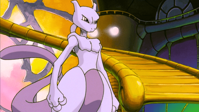 Mewtwo standing in front of a staircase in the Pokémon movie.