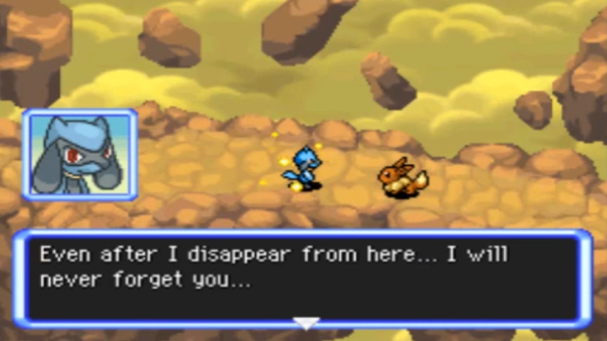 An image of Riolu and Eevee on a stone path with clouds in the background saying farewell in Pokémon Mystery Dungeon Explorers of Sky.