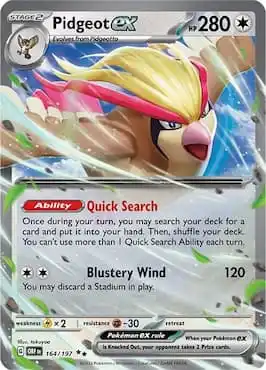 Image of Pidgeot ex soaring through the air in Pokémon Scarlet and Violet Obsidian Flames set