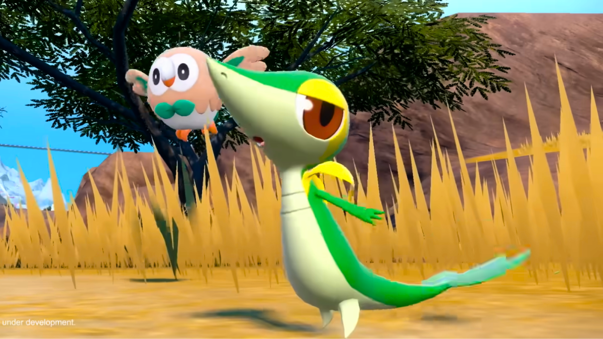 Snivy and Rowlet in a field in Pokémon Scarlet and Violet.