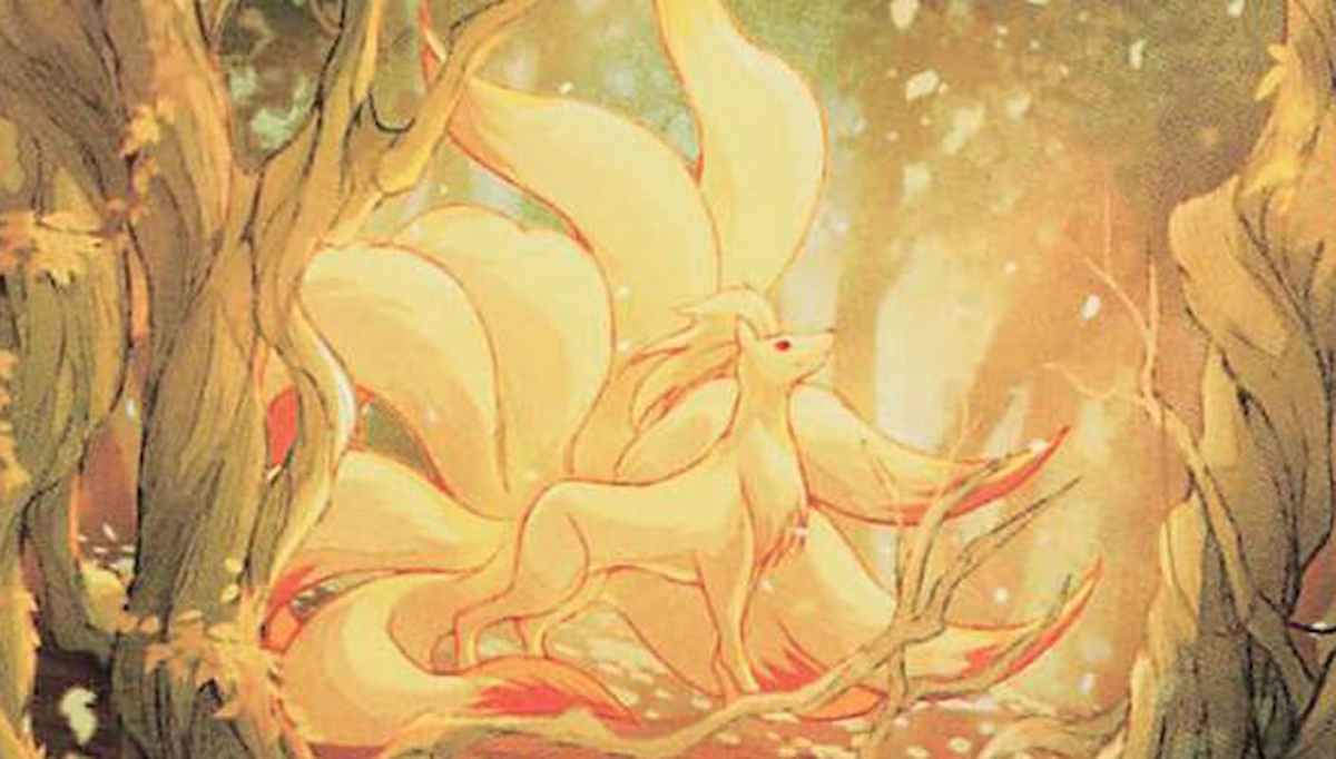 Illustration Rare of Ninetales sititing in a forest through Pokémon TCG Obsidian Flames set