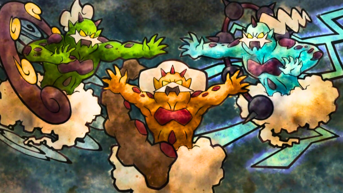 Art of Tornadus, Landorus, and Thundurus in the Pokémon anime.