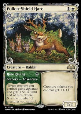 Image of magical rabbit casting a spell through horns via MTG Pollen-Shield Hare Hare Raising Adventure Wilds of Eldraine set