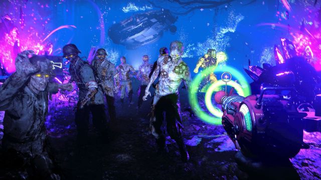Image showcasing the Ray Gun firing into a horde of virtual Zombies in the game.