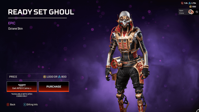 The Ready Set Ghoul Octane skin, which gives Octane's mask a skull-like graphic, along with a high red and gold collar and black outfit.