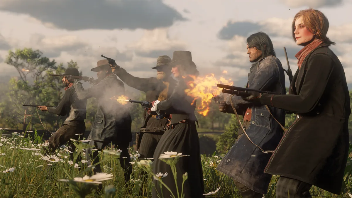 A six-player Posse fighting together in Red Dead Online.