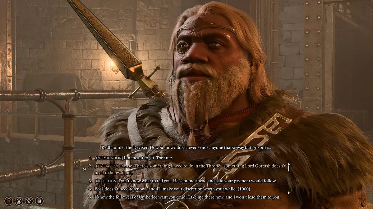 An image of the NPC Redhammer the Deviser in conversation with the player character in the docking bay of the submersible in Baldur's Gate 3.