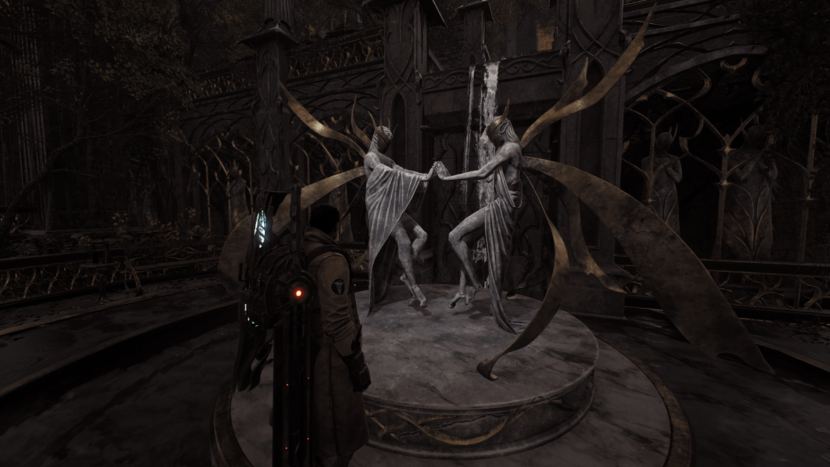 Two Fae statues holding hands in Remnant 2.