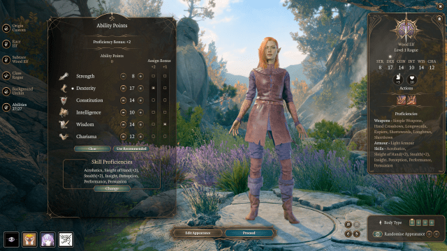A character creation screen showing a Wood Elf Rogue with their ability scores and skills.