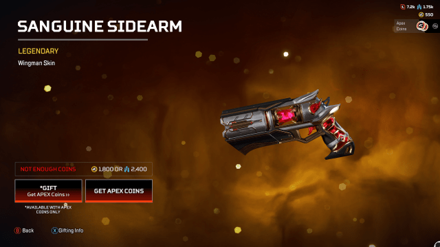 The Sanguine Sidearm Wingman skin, a black skin with glowing red bullet chamber and red handle.