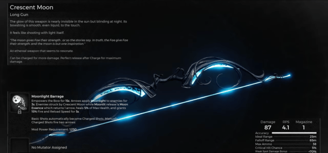 Image displays the information page for the Crescent Moon from Remnant 2. 