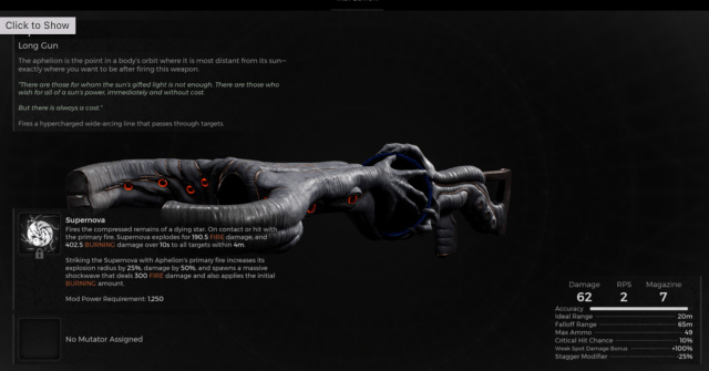 Image displays the information page for the Aphelion from Remnant 2. 