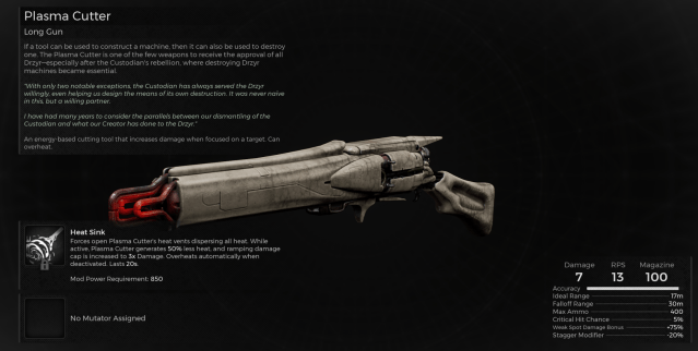Image displays the information page for the Plasma cutter from Remnant 2. 