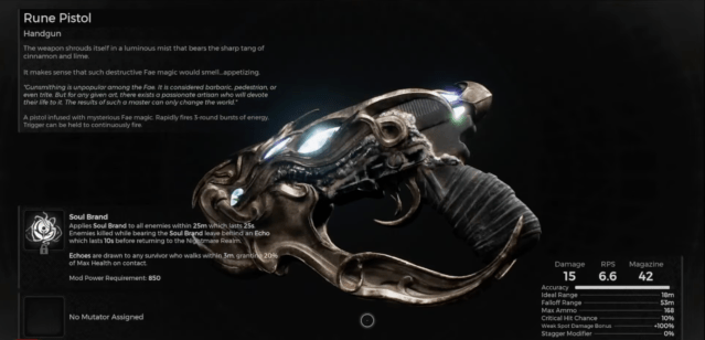 Image displays the information page for the Rune Pistol from Remnant 2. 