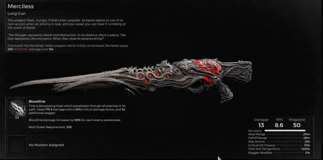Image displays the information page for the Merciless long gun from Remnant 2.