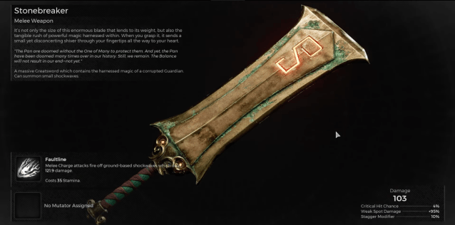 Image displays the information page for the Stonebreaker from Remnant 2. 