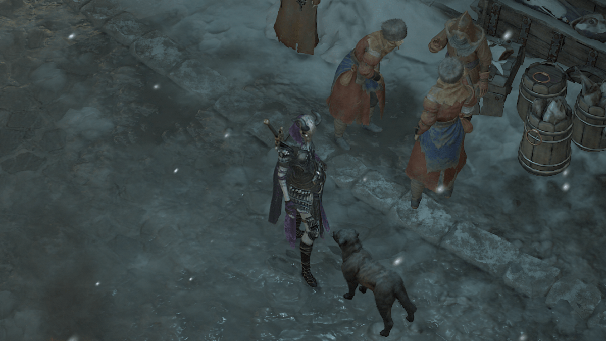 A Diablo 4 Necromance stands in front of a dog