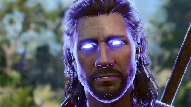 Baldur's Gate 3 Gale with glowing purple eyes and aura