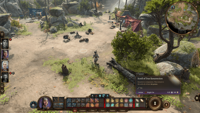 Baldur's Gate 3 screen showing Scroll of True Resurrection in inventory