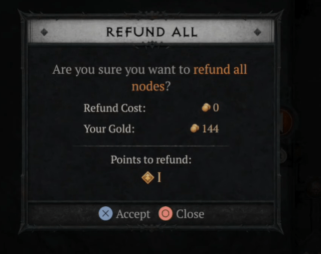 Image of the Diablo 4 refund menu. At level one, it only costs 144 gold to reset one point.
