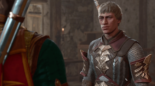 Image of the Paladin Anders staring down Karlach before a battle.