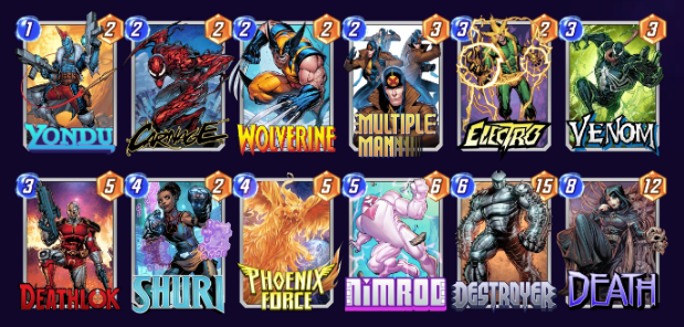 Marvel Snap deck consisting of Yondu, Carnage, Wolverine, Multiple Man, Electro, Venom, Deathlok, Shuri, Phoenix Force, Nimrod, Destroyer and Death. 