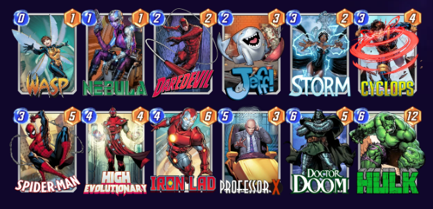 Marvel Snap deck consisting of Wasp, Nebula, Daredevil, Jeff, Storm, Cyclops, Spider-Man, High Evolutionary, Iron Lad, Professor X, Doctor Doom, and Hulk. 